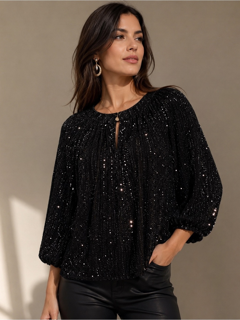 NEW - Vince Camuto Black Sequin Keyhole Blouse 3/4 Balloon Sleeve Women’s Size L